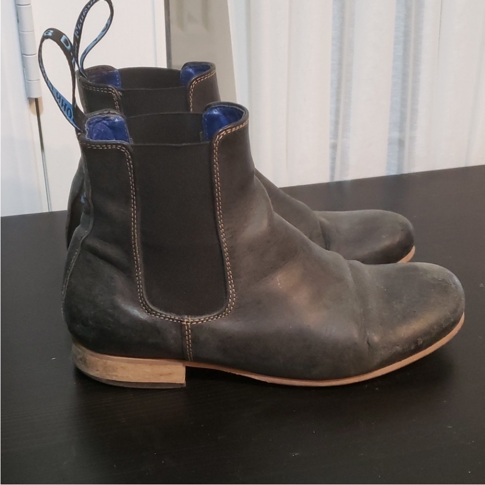 John Fluevog Black Ankle Boots With Blue Elastic Panels